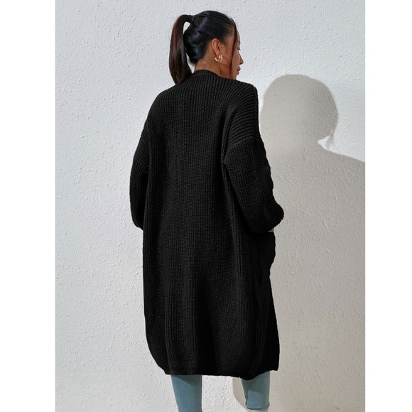 Black Duster Cardigan Front Pockets Cable Knit Long Sleeve Midi Length - Picture 8 of 8